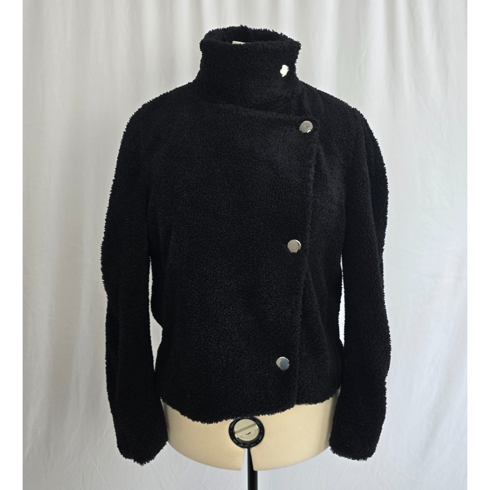 INC International Concepts Sherpa Jacket Women's L Black Wrap Button Crop NWT